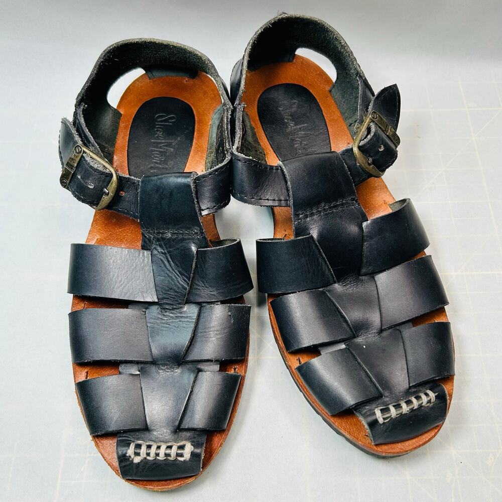 Vintage ShoeMart SM Fisherman Sandals Size 8 Black Leather Buckle Sling Back